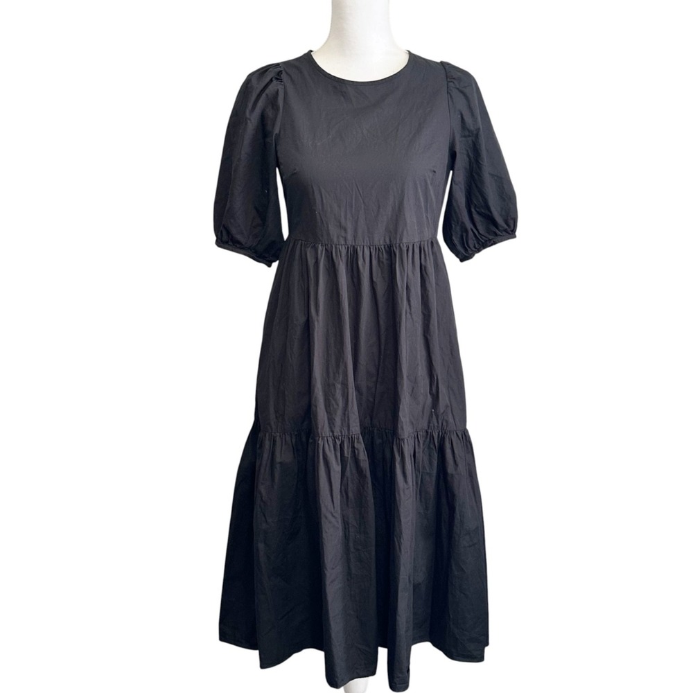 Badgley Mischka Black Tiered Midi Dress Puffl Sleeve Cotton Peasant XS Prairie